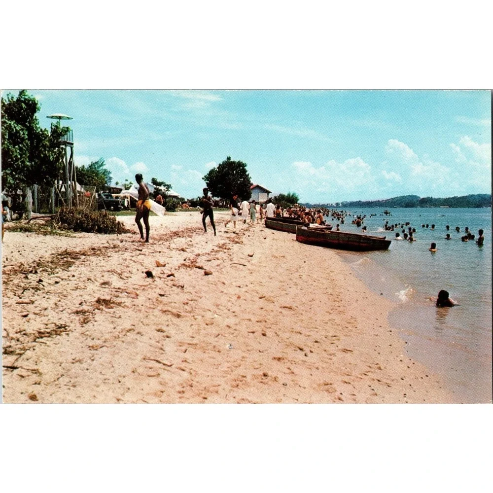 Vintage Changi Beach‎ Singapore Postcard Colorful Crowded Beach Scene